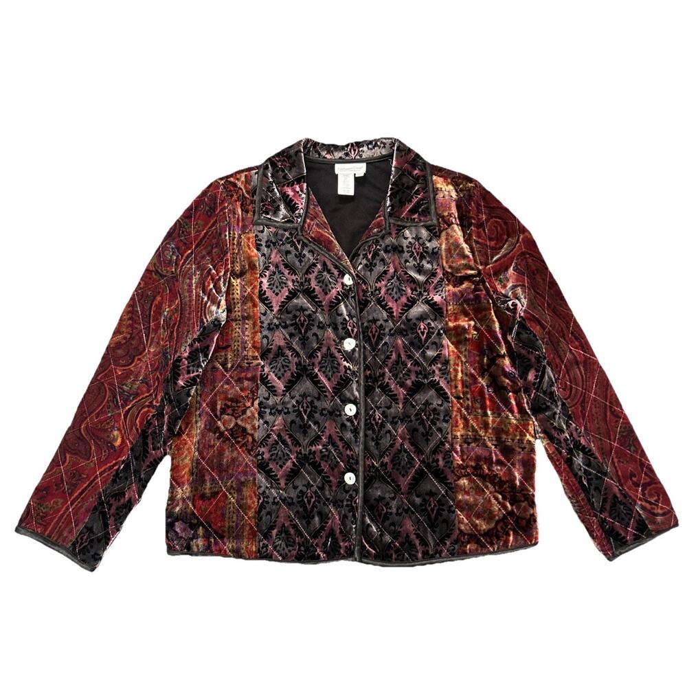 Vintage Coldwater Creek Quilted Jacket Womens L Velvet Paisley Boho Jewel Toned